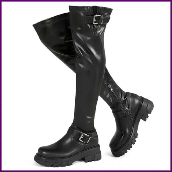 Women's Over The Knee Boots Platform Buckle Lug Sole Stretch Zipper